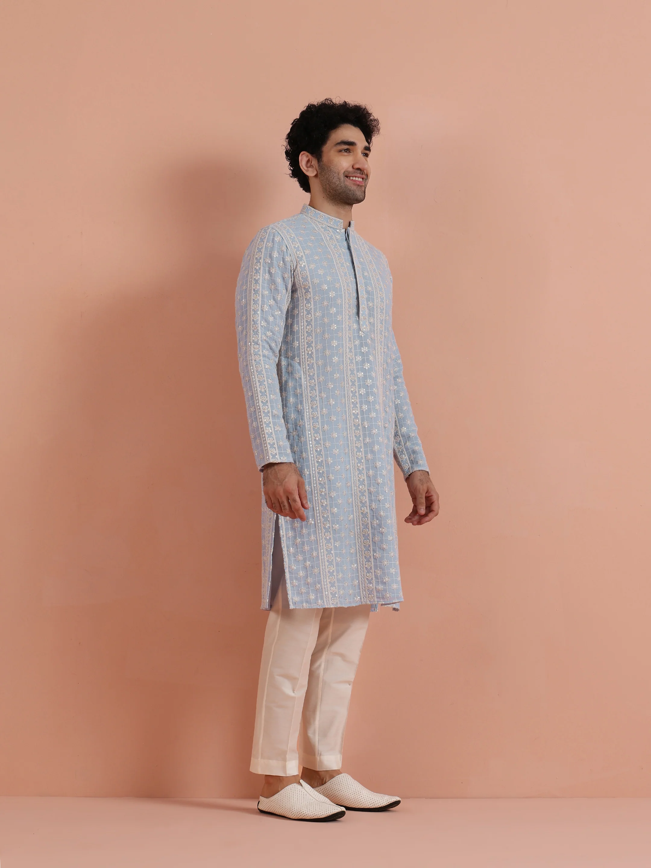 Sky Blue Embroidered Kurta Set - Image 3