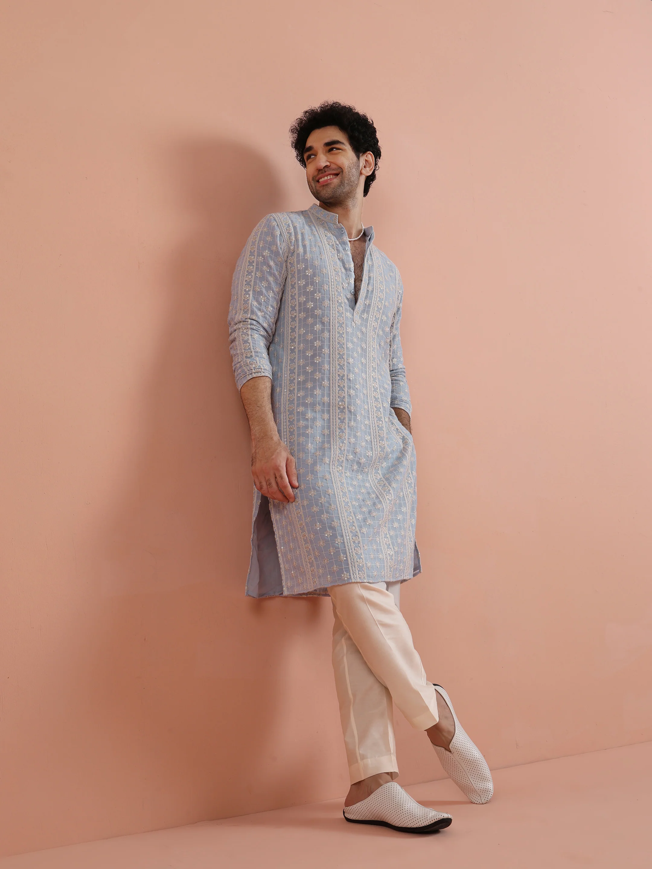 Sky Blue Embroidered Kurta Set - Image 9