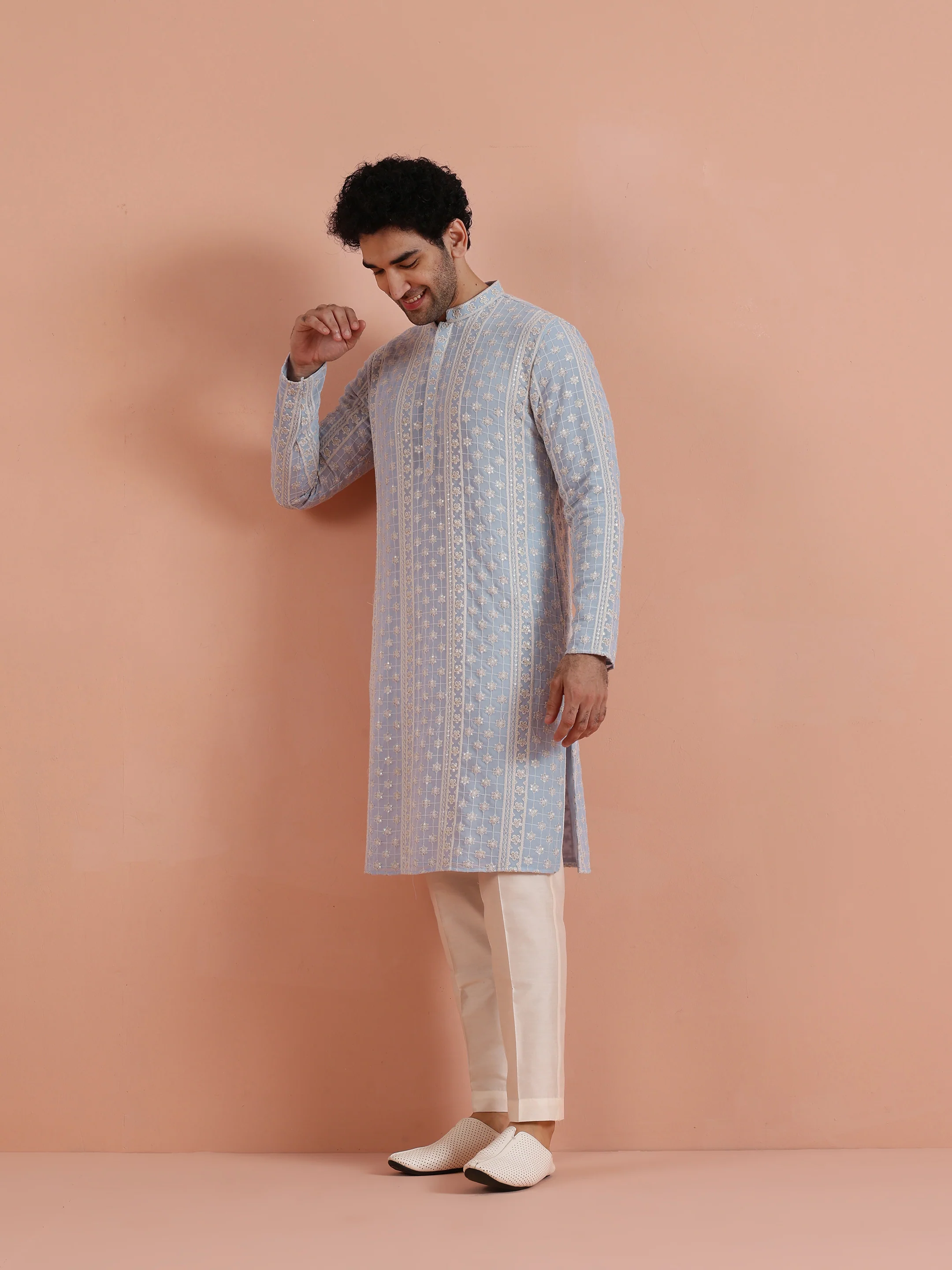 Sky Blue Embroidered Sequin Kurta - Image 2