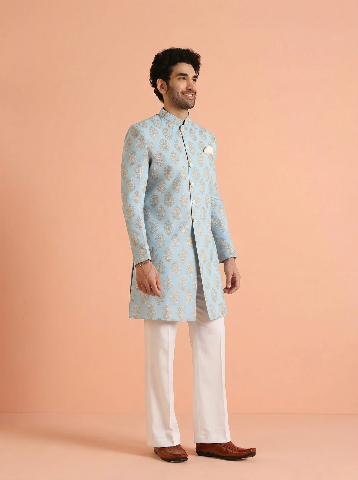 Sky Blue Pure Cotton Printed Sherwani Wide Leg Trouser Set