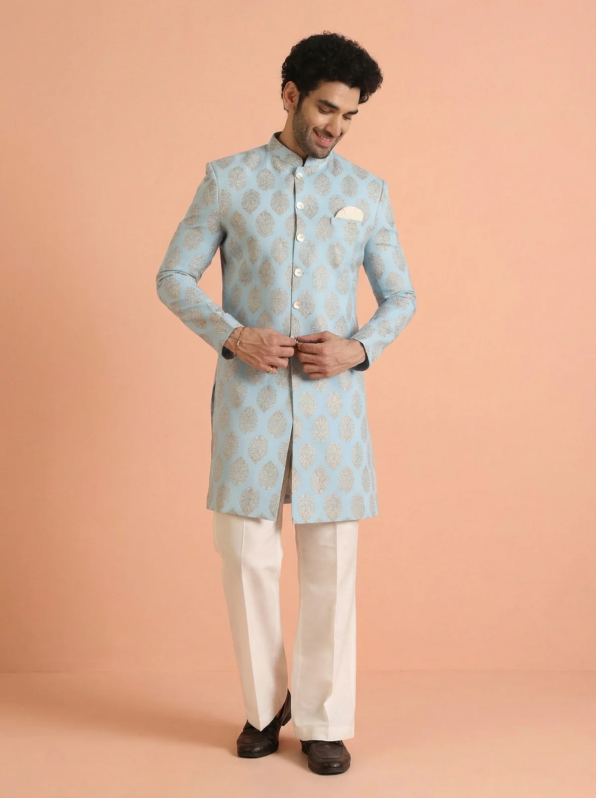 Sky Blue Pure Cotton Printed Sherwani Wide Leg Trouser Set - Image 2