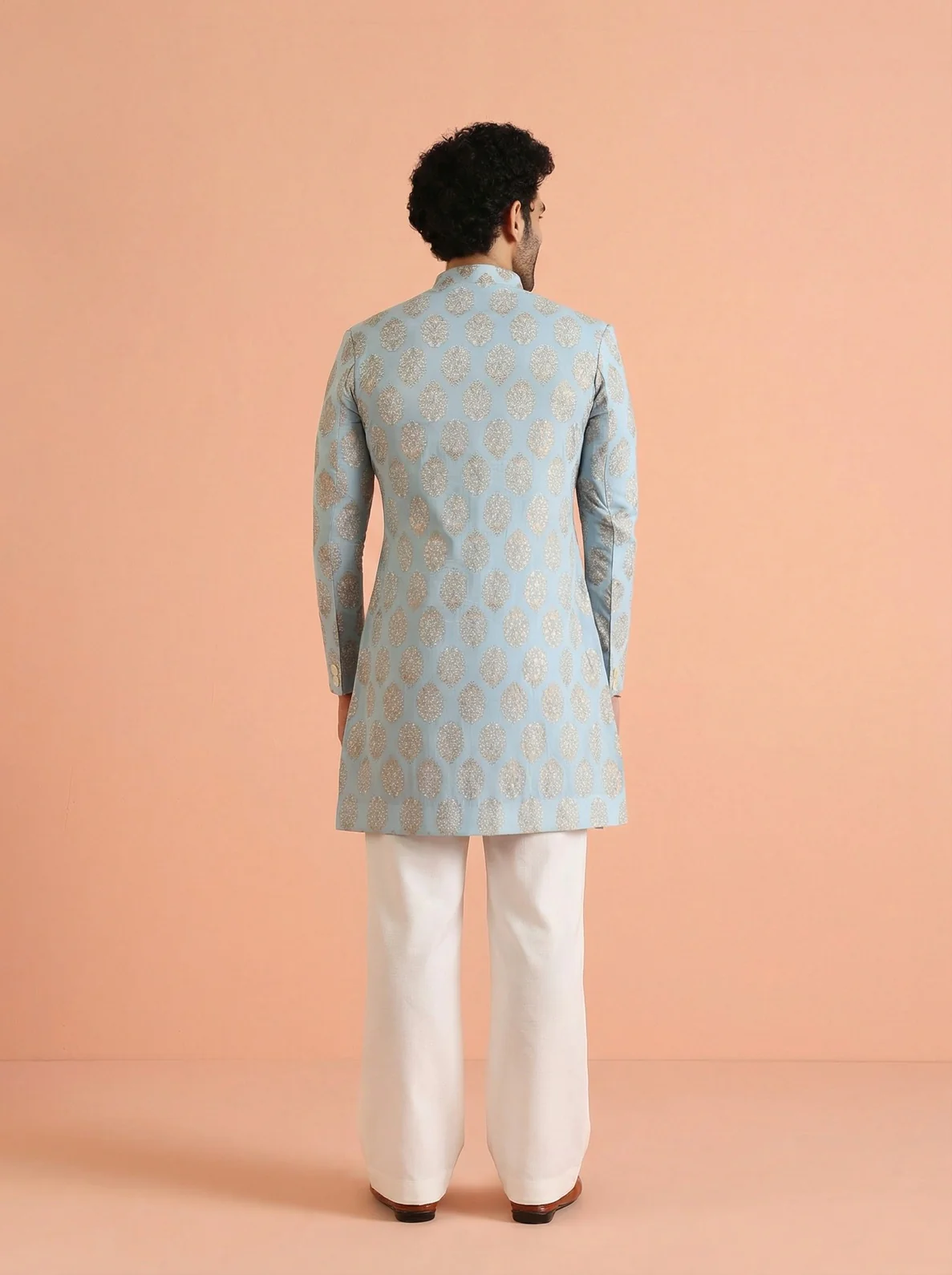 Sky Blue Pure Cotton Printed Sherwani Wide Leg Trouser Set - Image 3