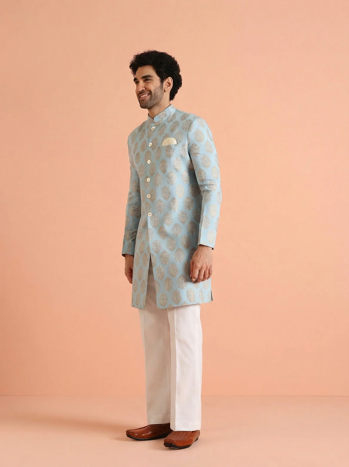 Sky Blue Pure Cotton Printed Sherwani Wide Leg Trouser Set - Image 7