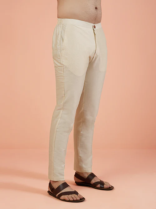 Beige Cotton Blend Solid Slim Fit Trouser - Image 2