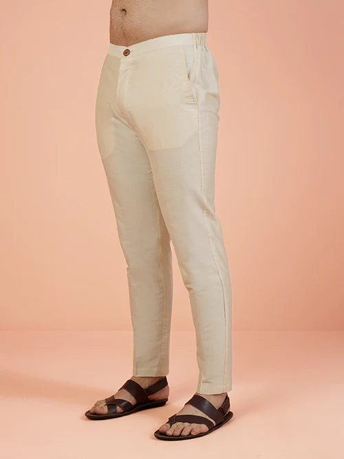 Beige Cotton Blend Solid Slim Fit Trouser - Image 3