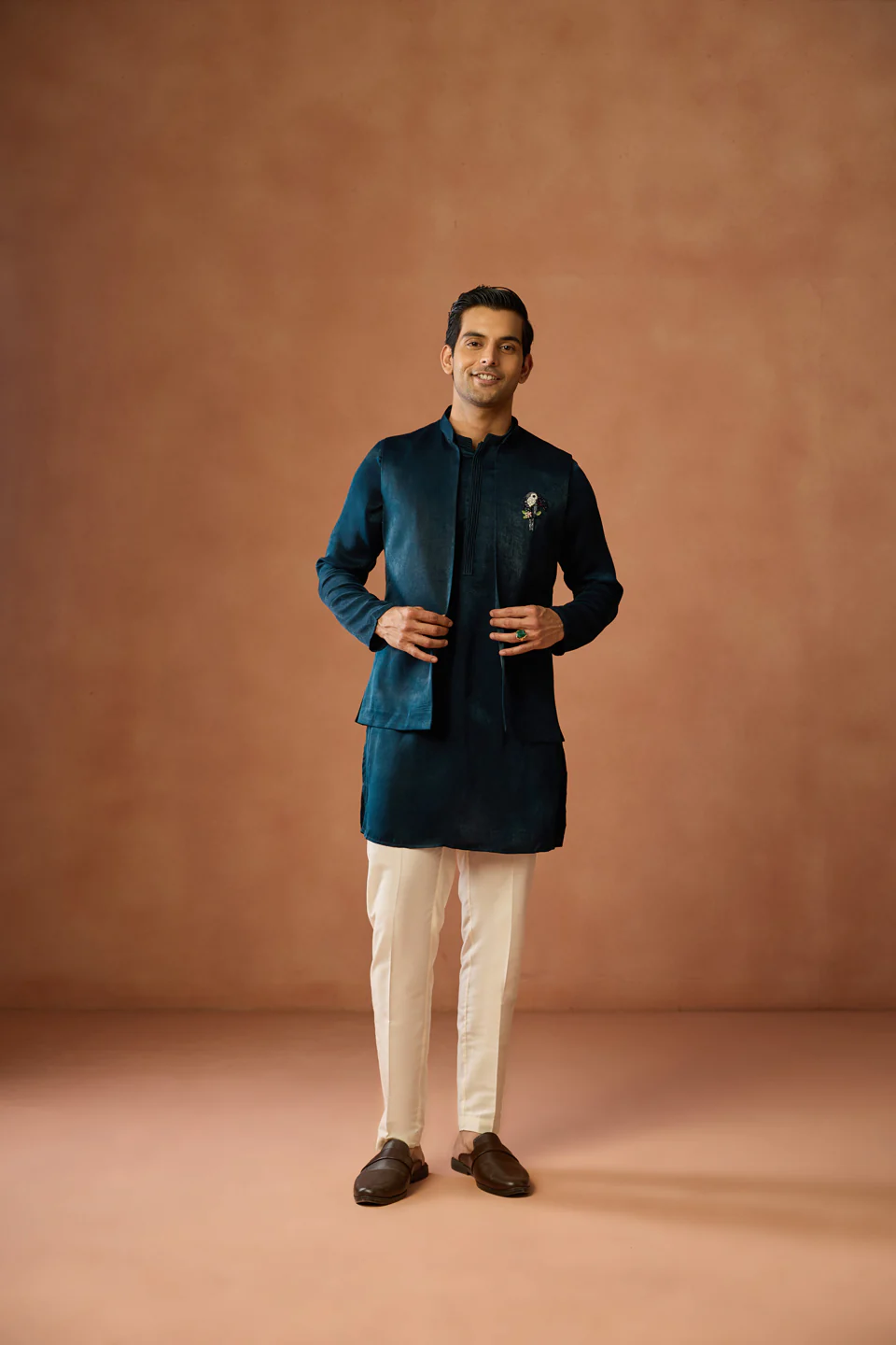 Teal Blue Jacket Kurta Trouser Set