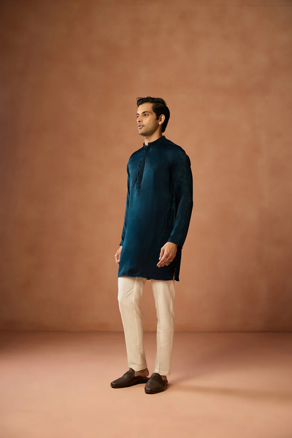 Teal Blue Silk Blend Mid Kurta Trouser Set - Image 2