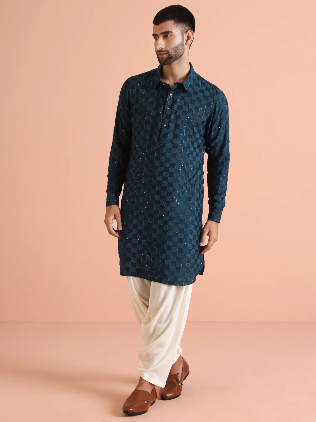 Teal Blue Silk Blend Textured Long Pathani Kurta - Image 3