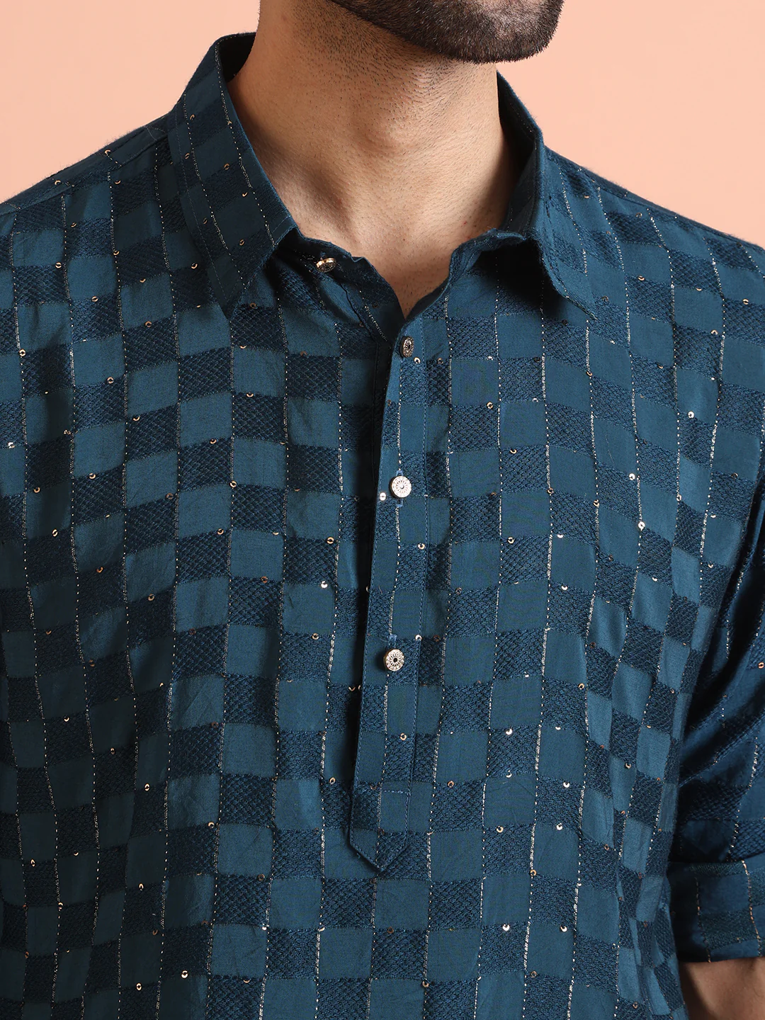 Teal Blue Silk Blend Textured Long Pathani Kurta - Image 5
