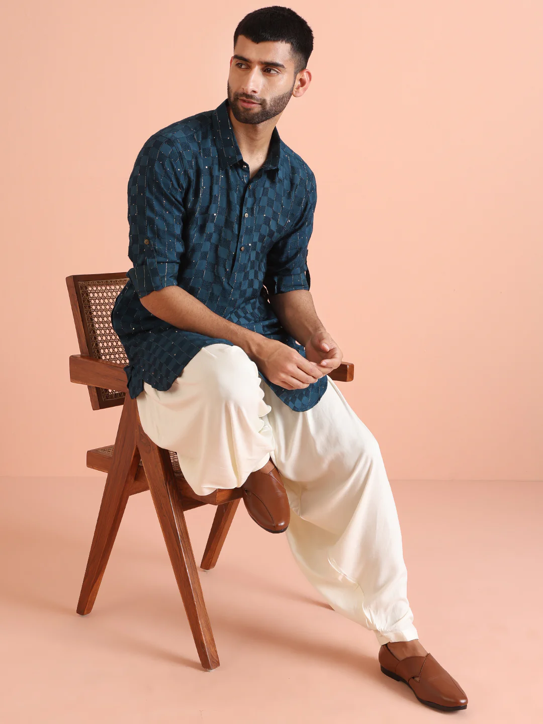 Teal Blue Silk Blend Textured Long Pathani Kurta - Image 6