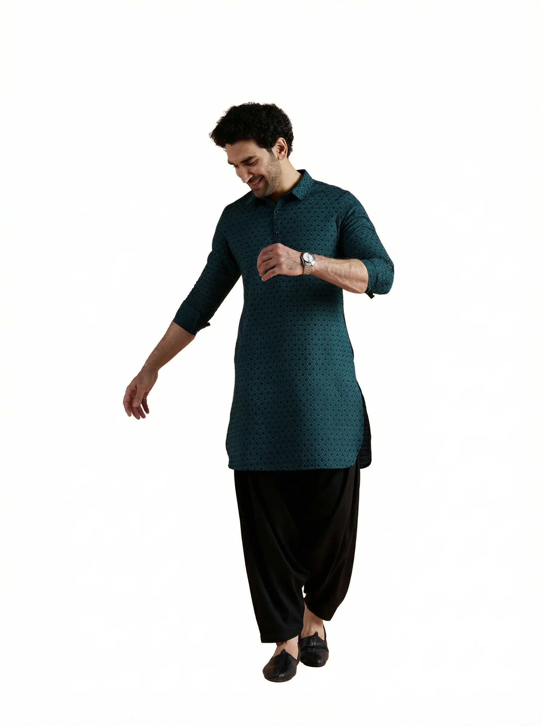 Teal Cotton Jacquard Pathani Kurta - Image 10