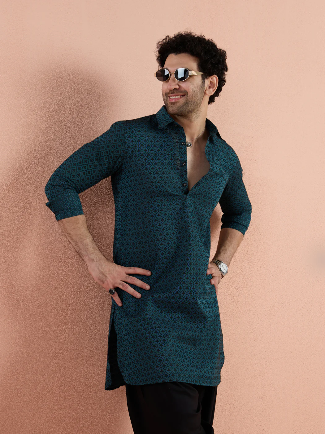 Teal Cotton Jacquard Pathani Kurta - Image 2