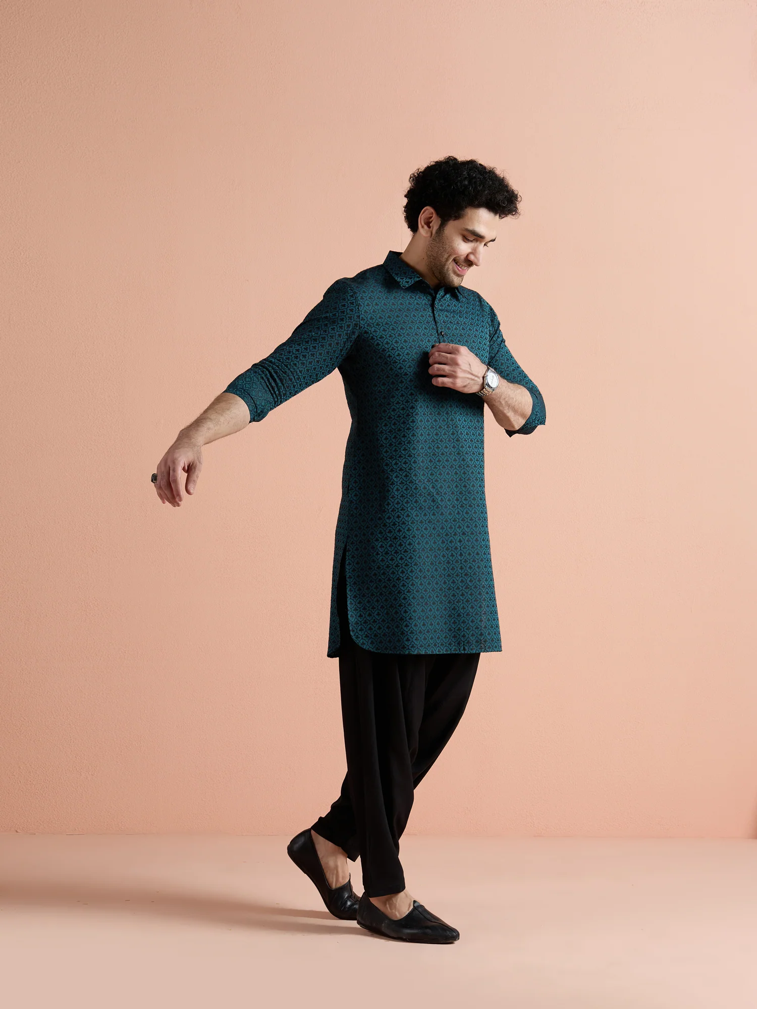 Teal Cotton Jacquard Pathani Kurta - Image 3