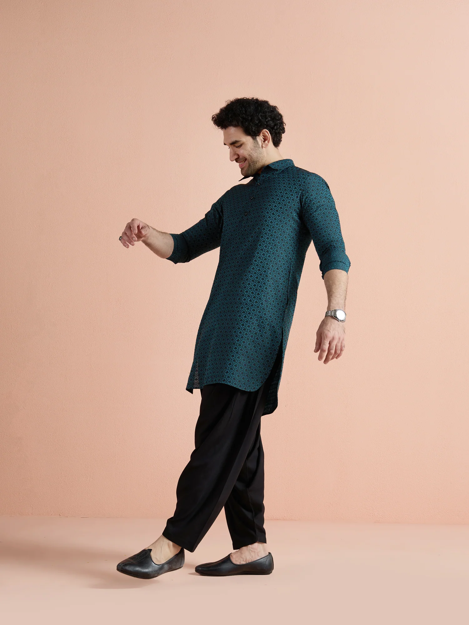 Teal Cotton Jacquard Pathani Kurta - Image 4