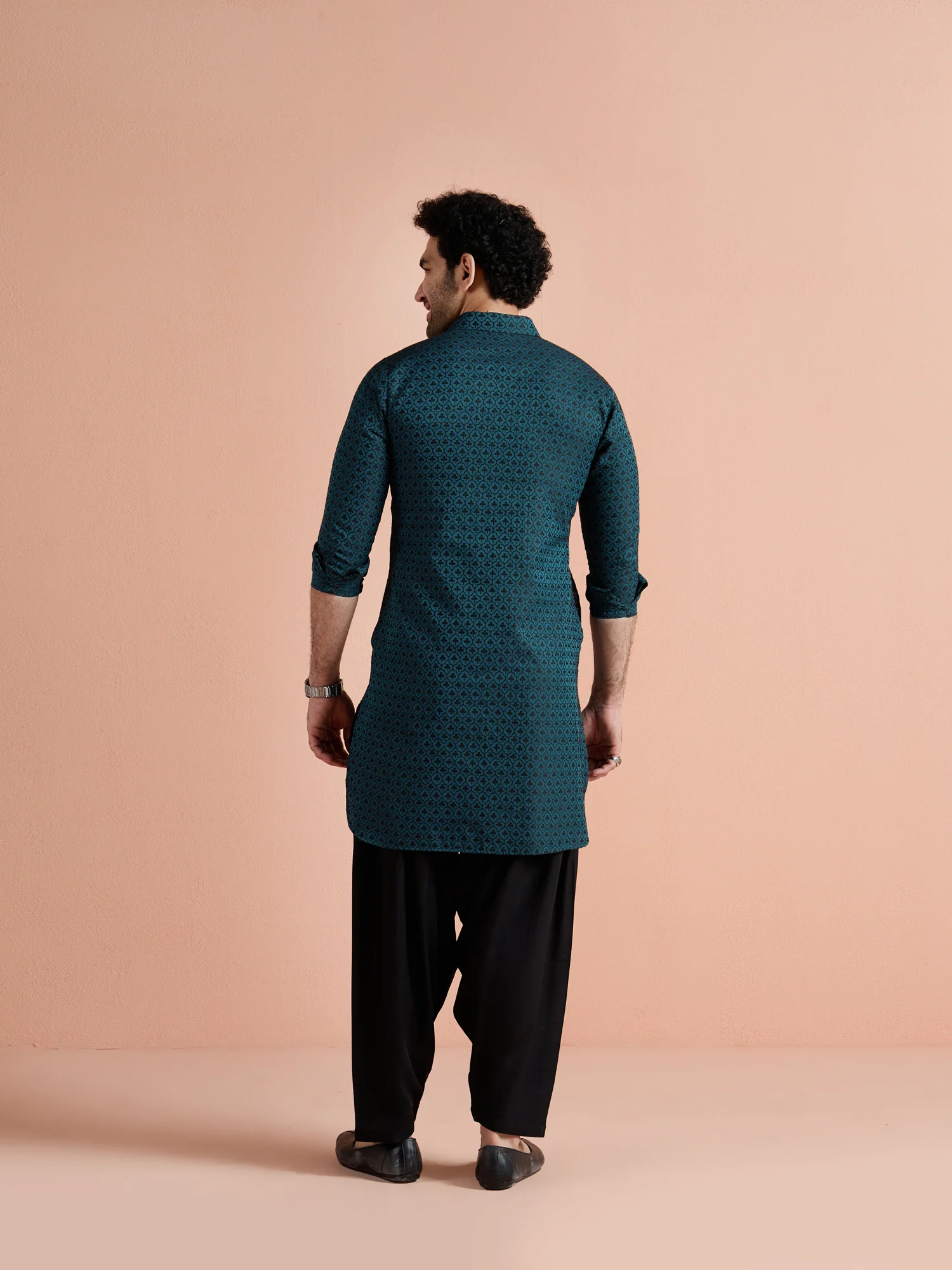 Teal Cotton Jacquard Pathani Kurta - Image 5