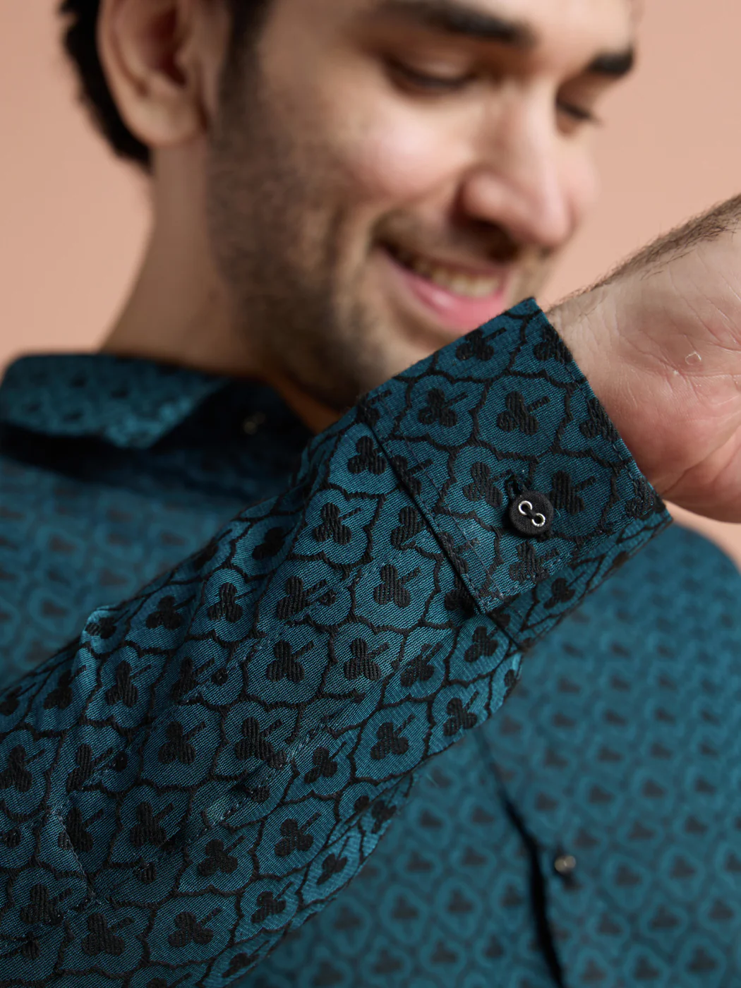 Teal Cotton Jacquard Pathani Kurta - Image 6