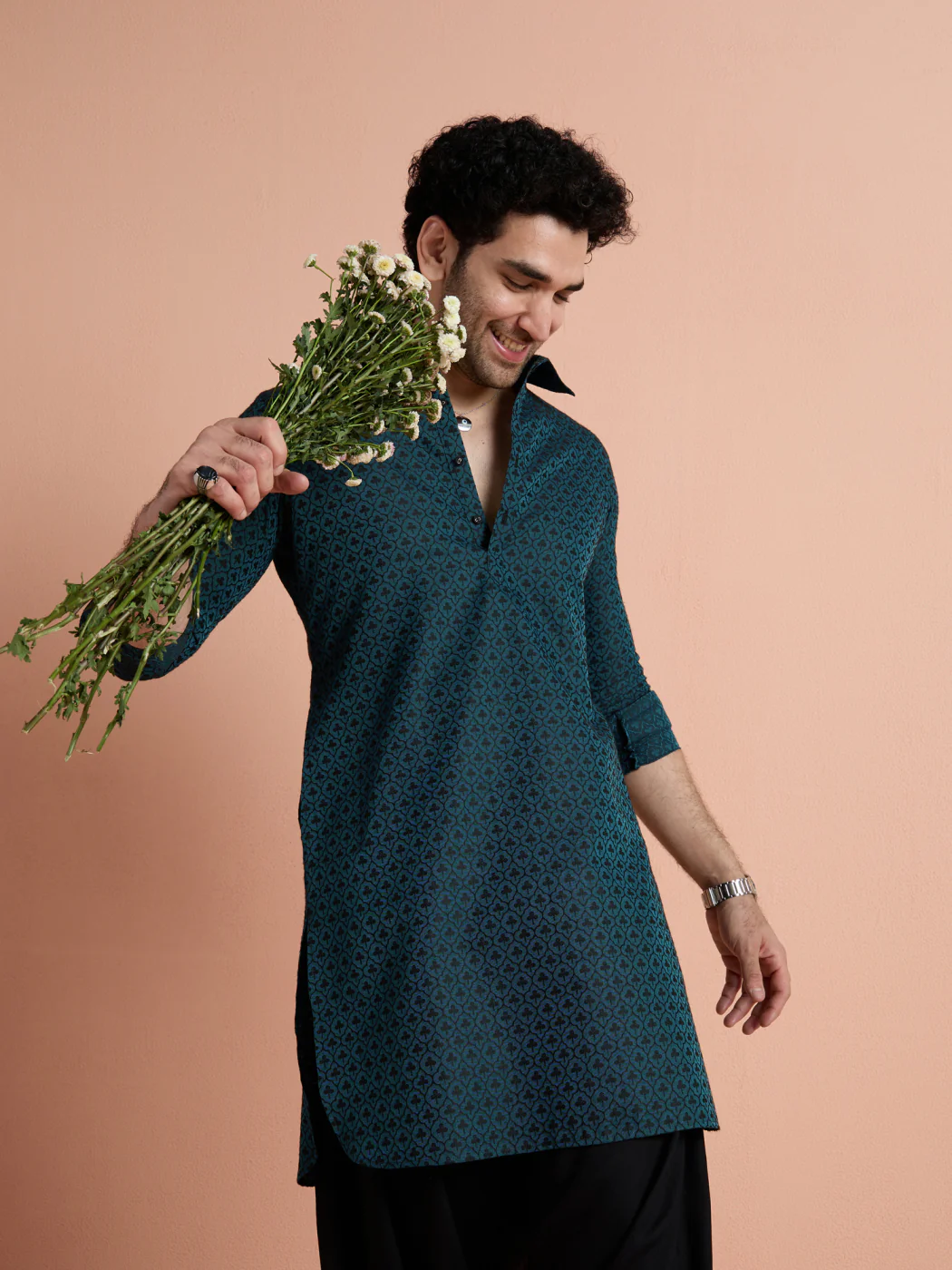 Teal Cotton Jacquard Pathani Kurta - Image 8