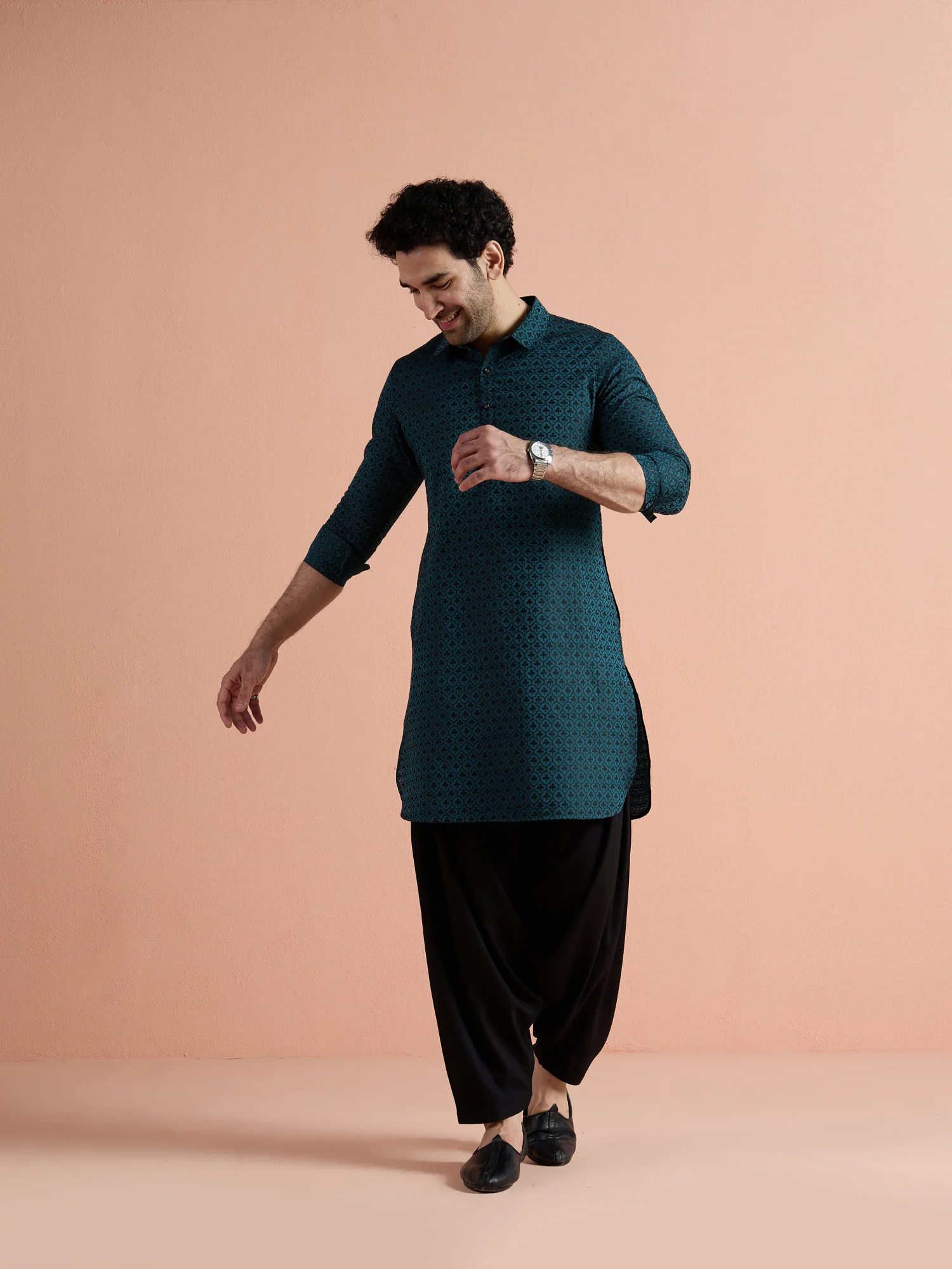Teal Cotton Jacquard Pathani Kurta - Image 9