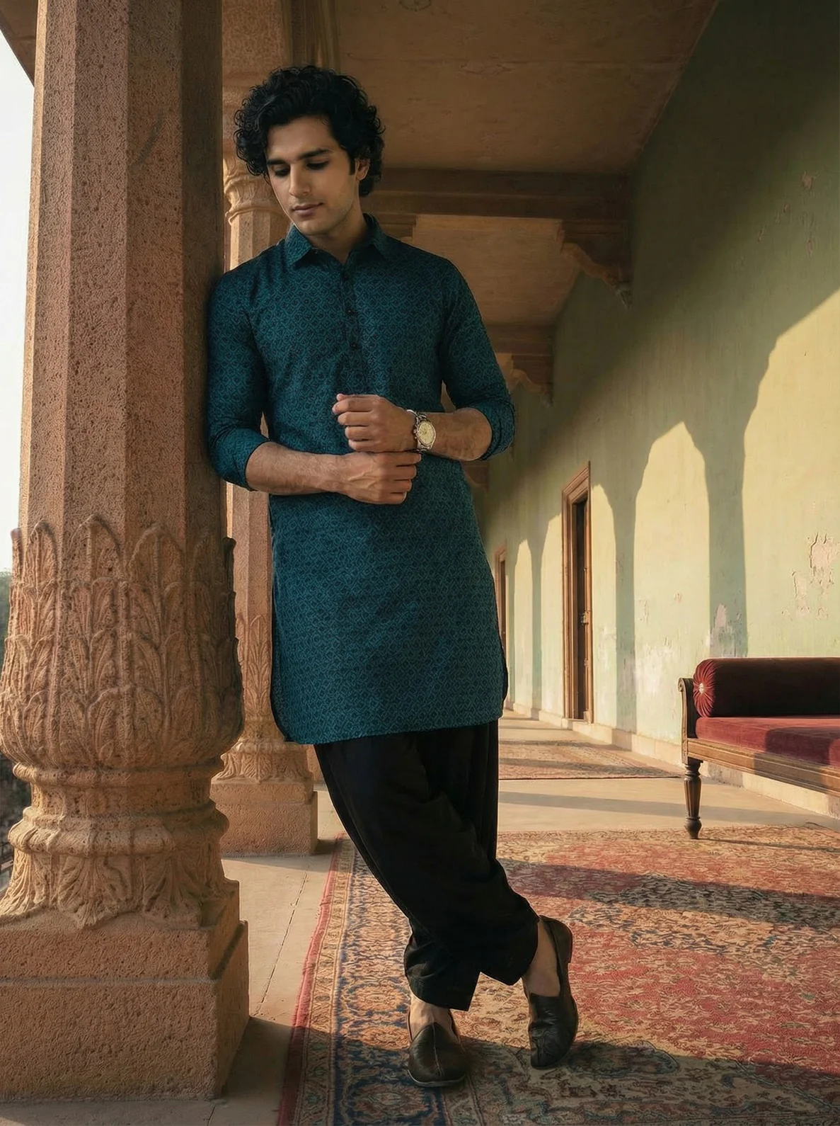 Teal Cotton Jacquard Pathani Kurta Patiyala Set