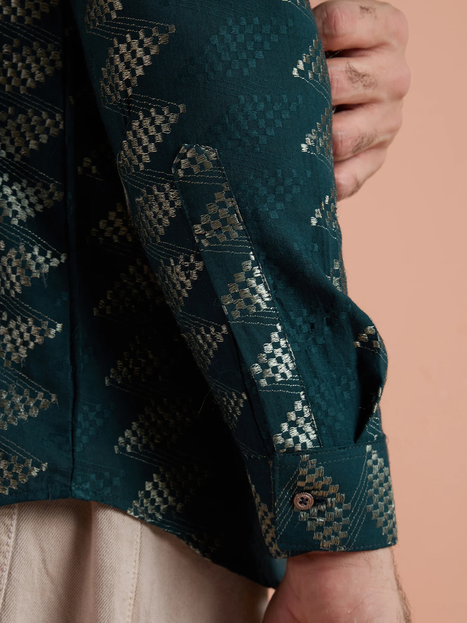 Teal Cotton Jacquard Short Kurta - Image 5
