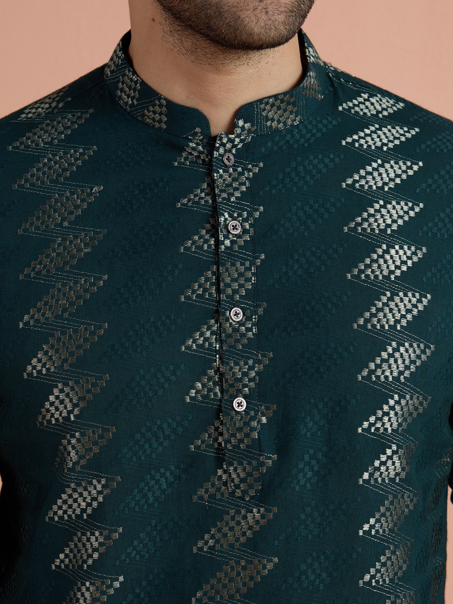 Teal Cotton Jacquard Short Kurta - Image 6