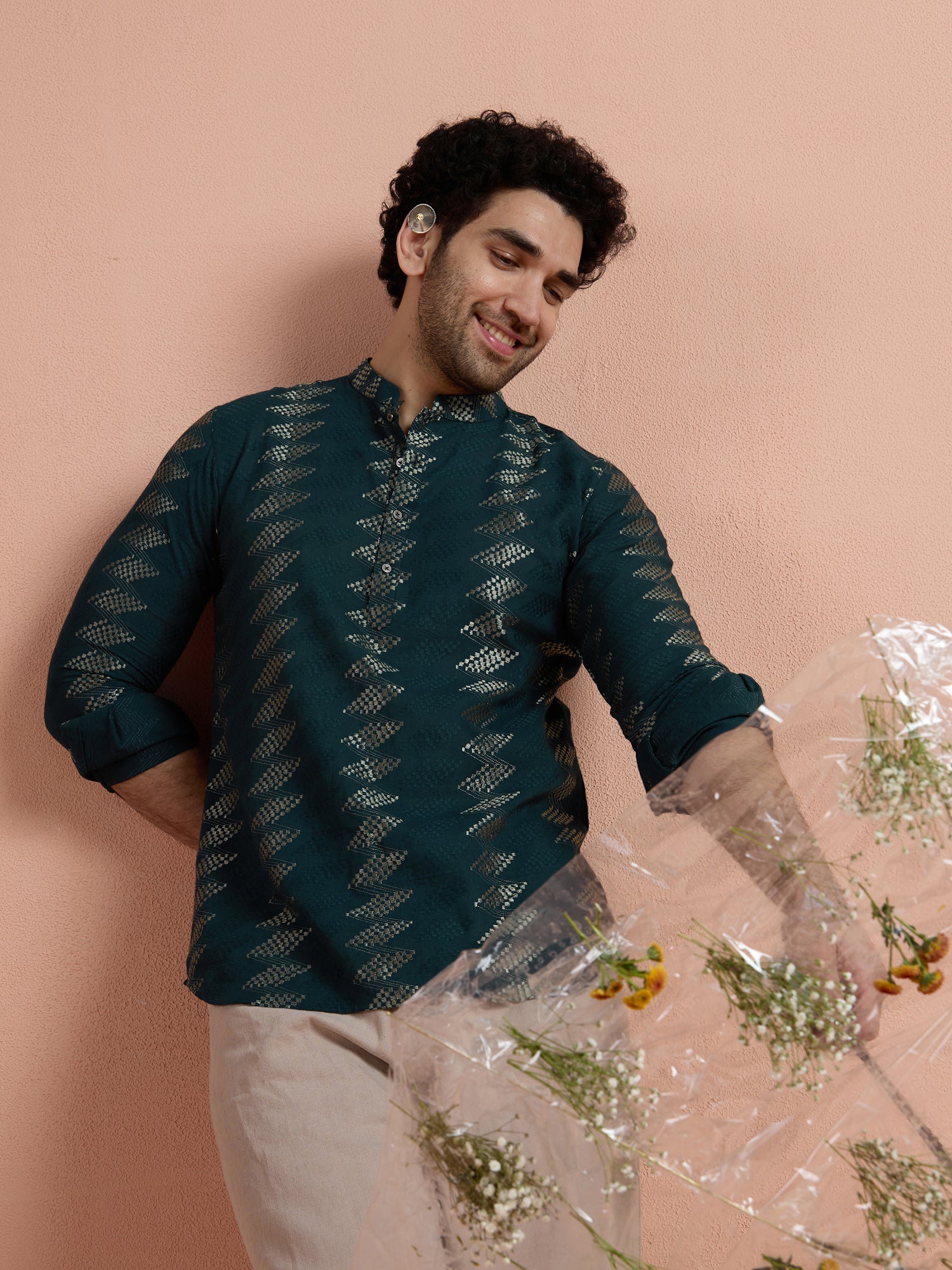 Teal Cotton Jacquard Short Kurta - Image 7
