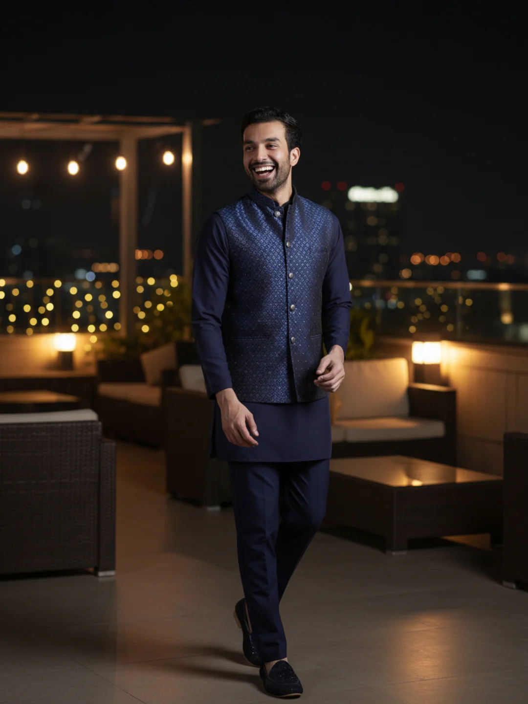 Navy Blue Jacquard Kurta Jacket Set - Image 11