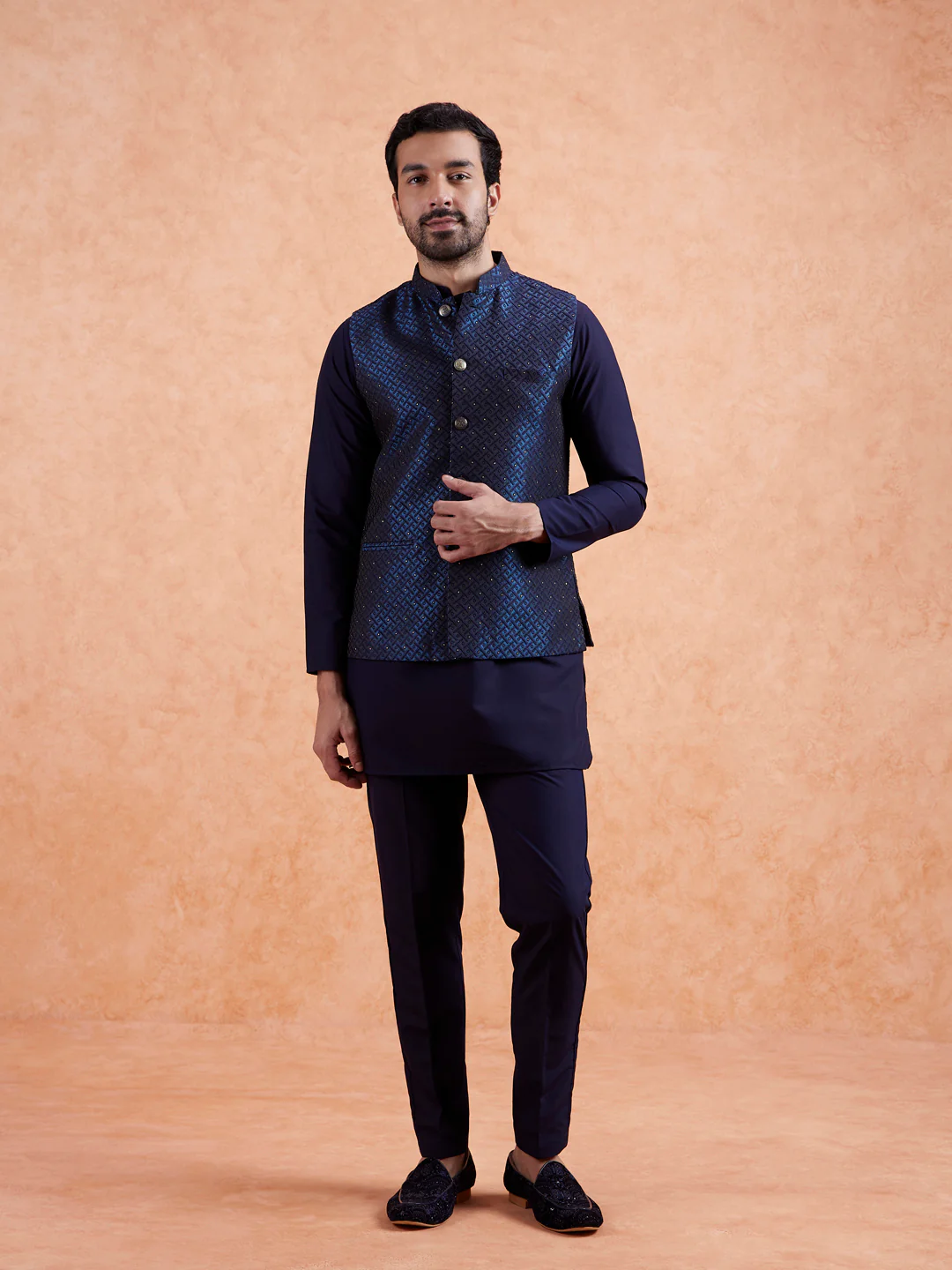 Navy Blue Jacquard Kurta Jacket Set - Image 4