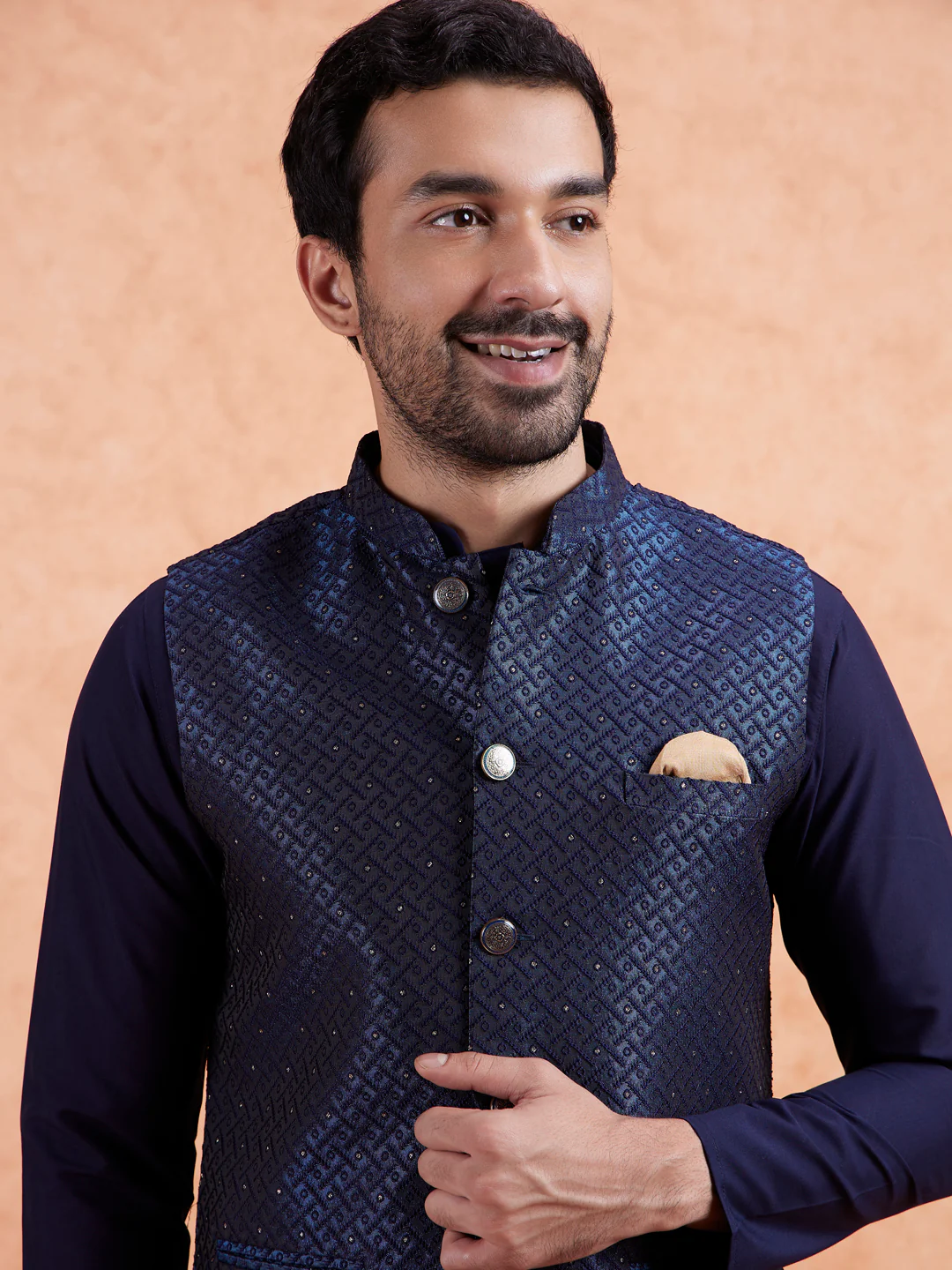 Navy Blue Jacquard Kurta Jacket Set - Image 6
