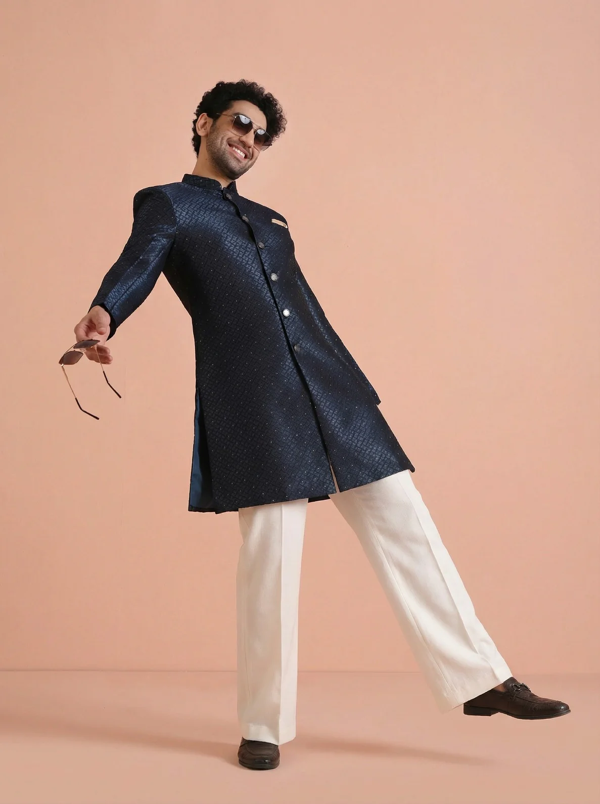 Turquoise Silk Blend Jacquard Sherwani Wide Leg Trouser Set - Image 2