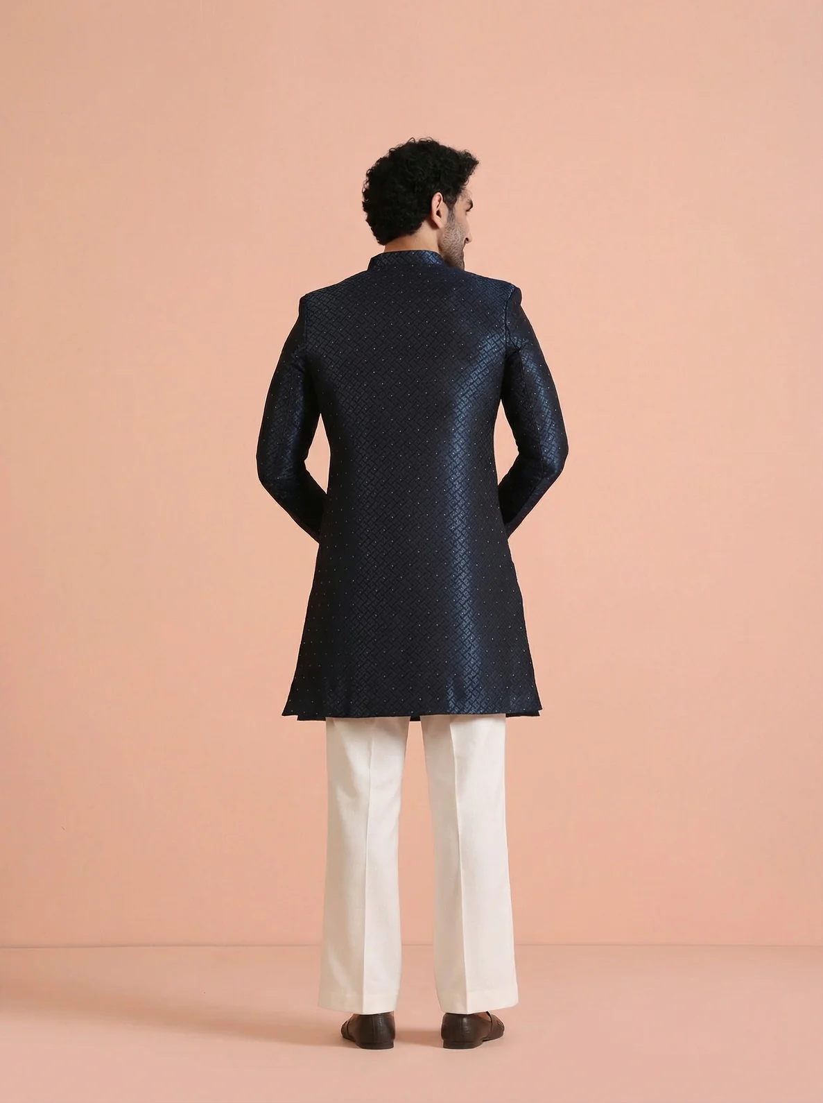Turquoise Silk Blend Jacquard Sherwani Wide Leg Trouser Set - Image 3