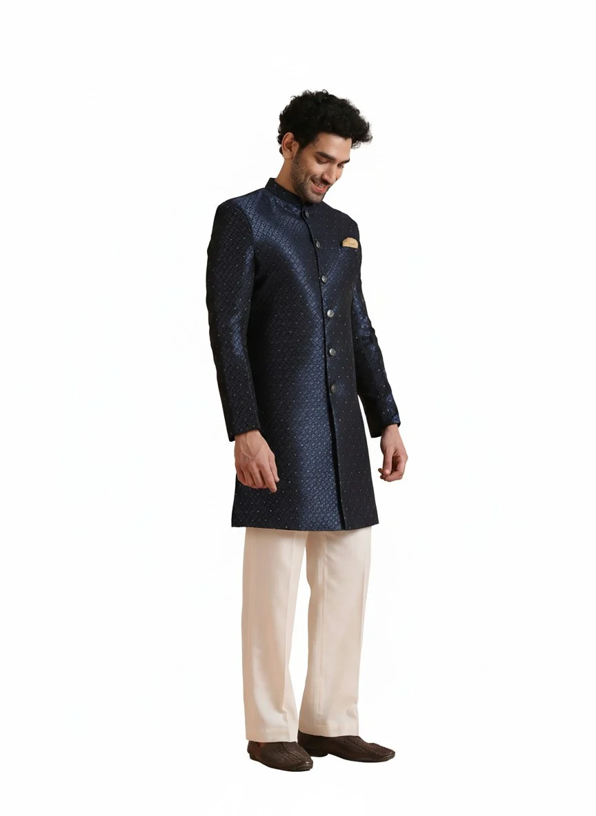 Turquoise Silk Blend Jacquard Sherwani Wide Leg Trouser Set - Image 8