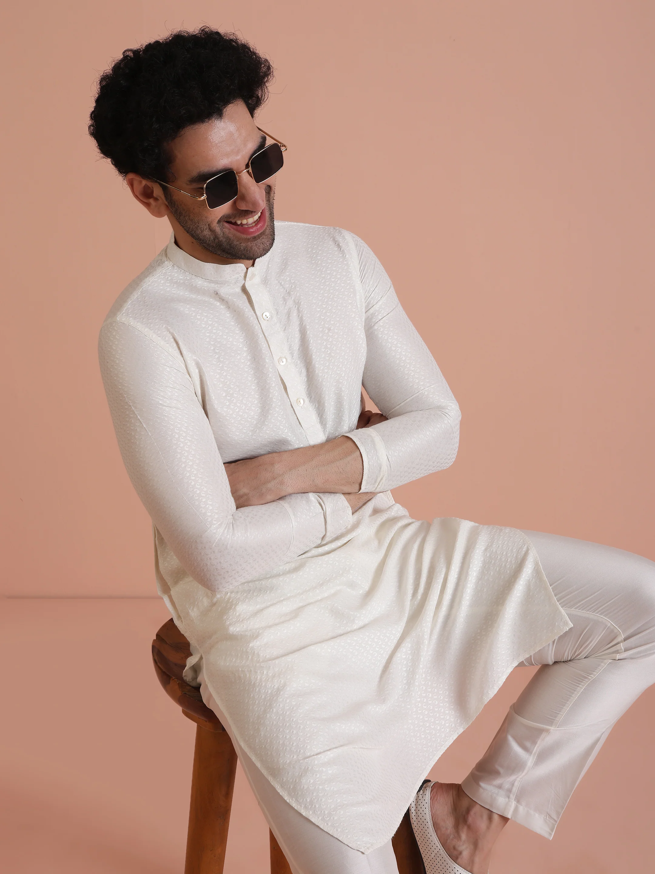 White Art Silk Woven Design Kurta Trouser Set - Image 8