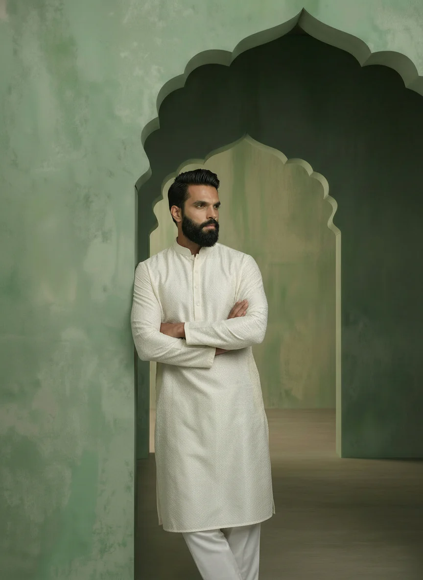 White Art Silk Woven Design Long Kurta