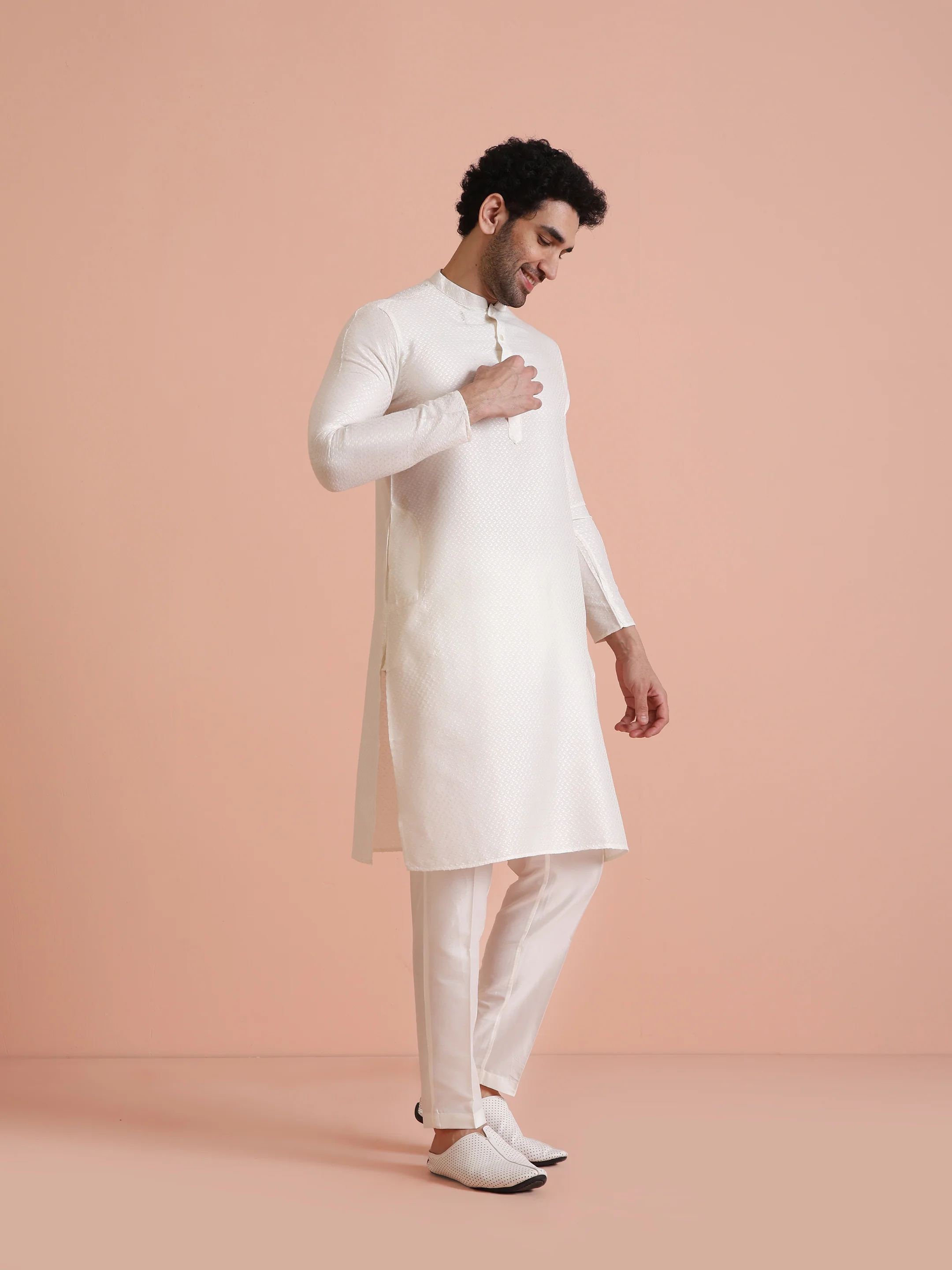 White Art Silk Woven Design Long Kurta - Image 3