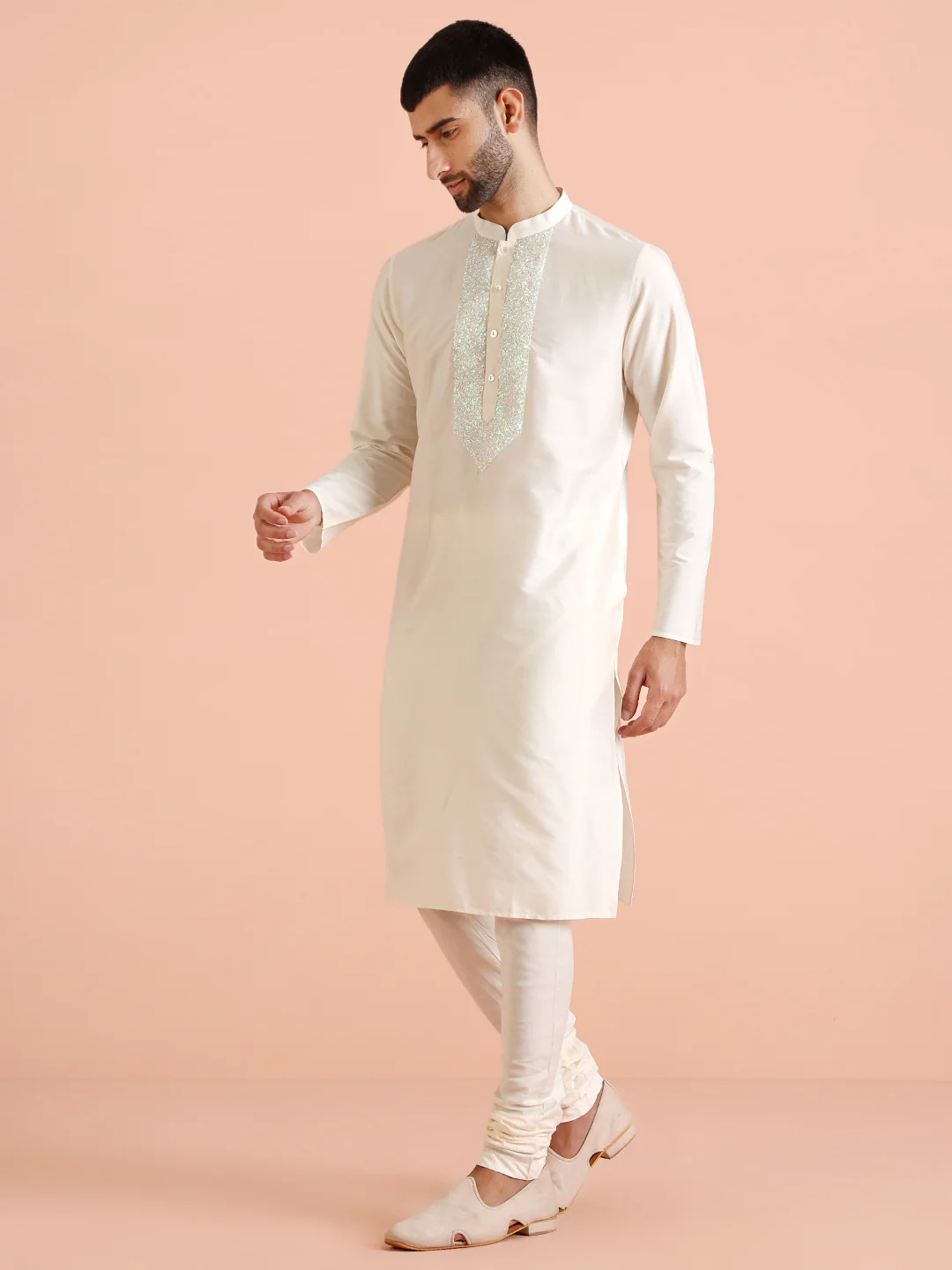 White Cotton Blend Embroidered Kurta Churidar Set - Image 2