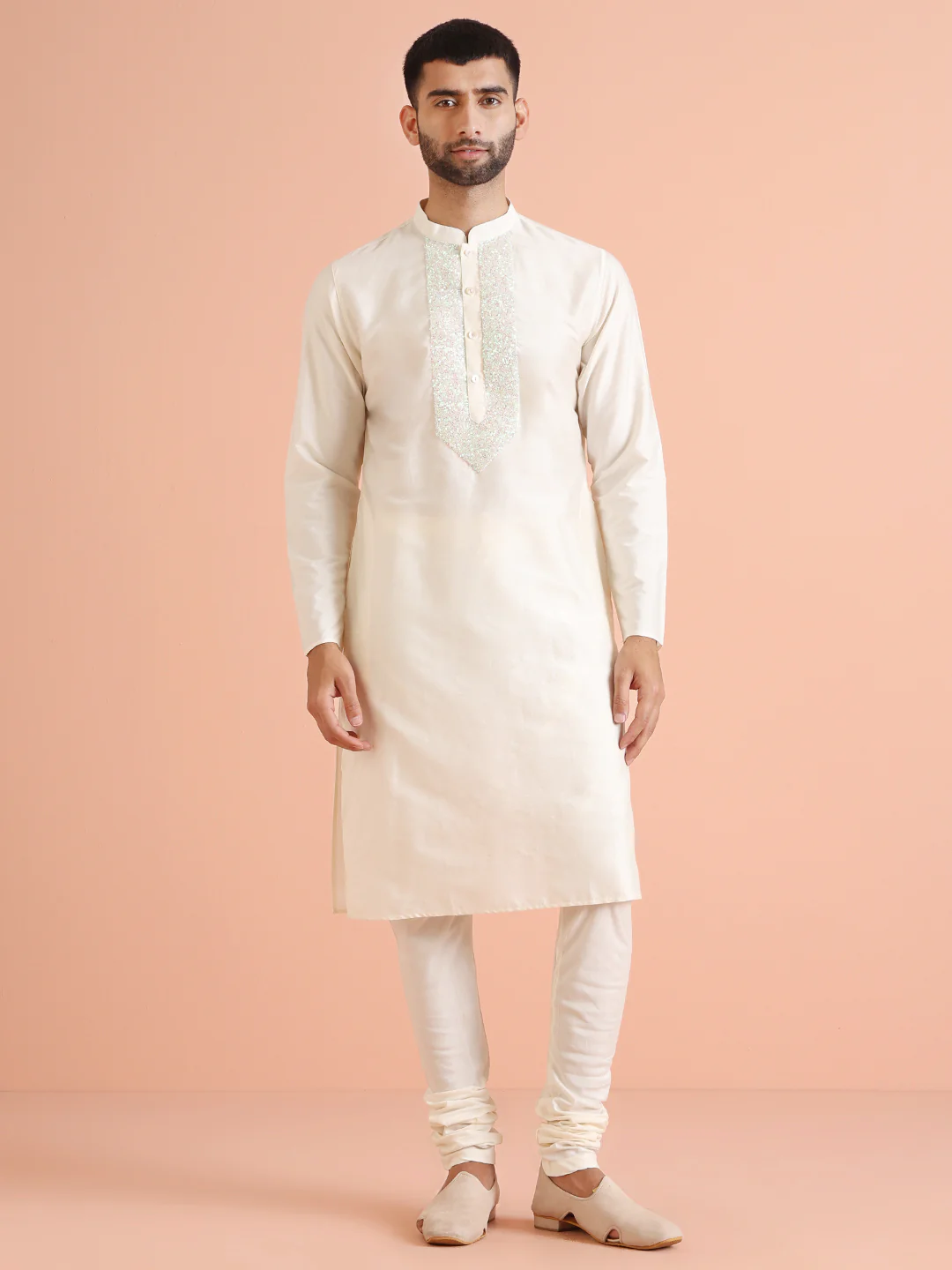 White Cotton Blend Embroidered Kurta Churidar Set - Image 8