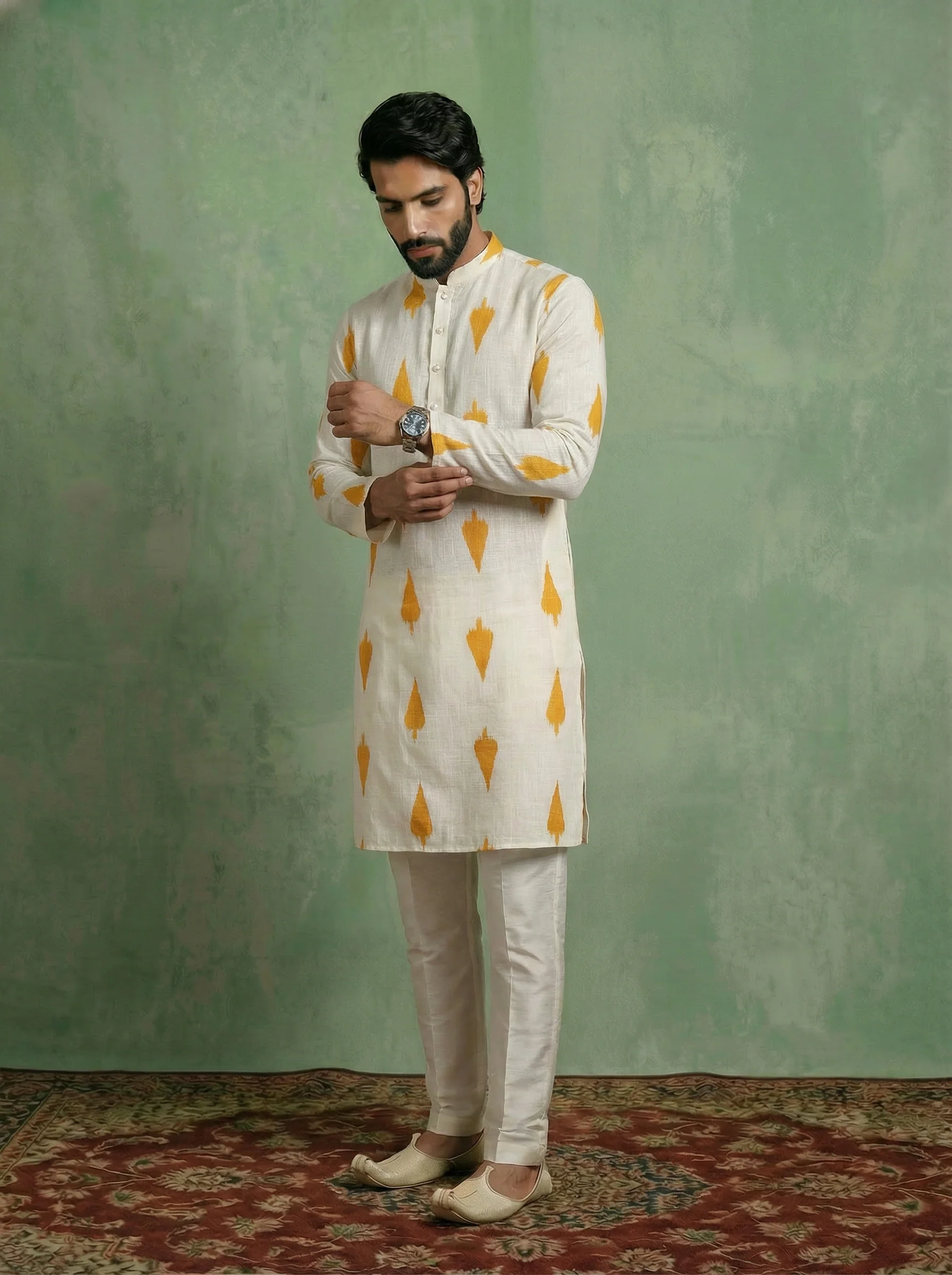 White Cotton Blend Printed Kurta Trouser Set