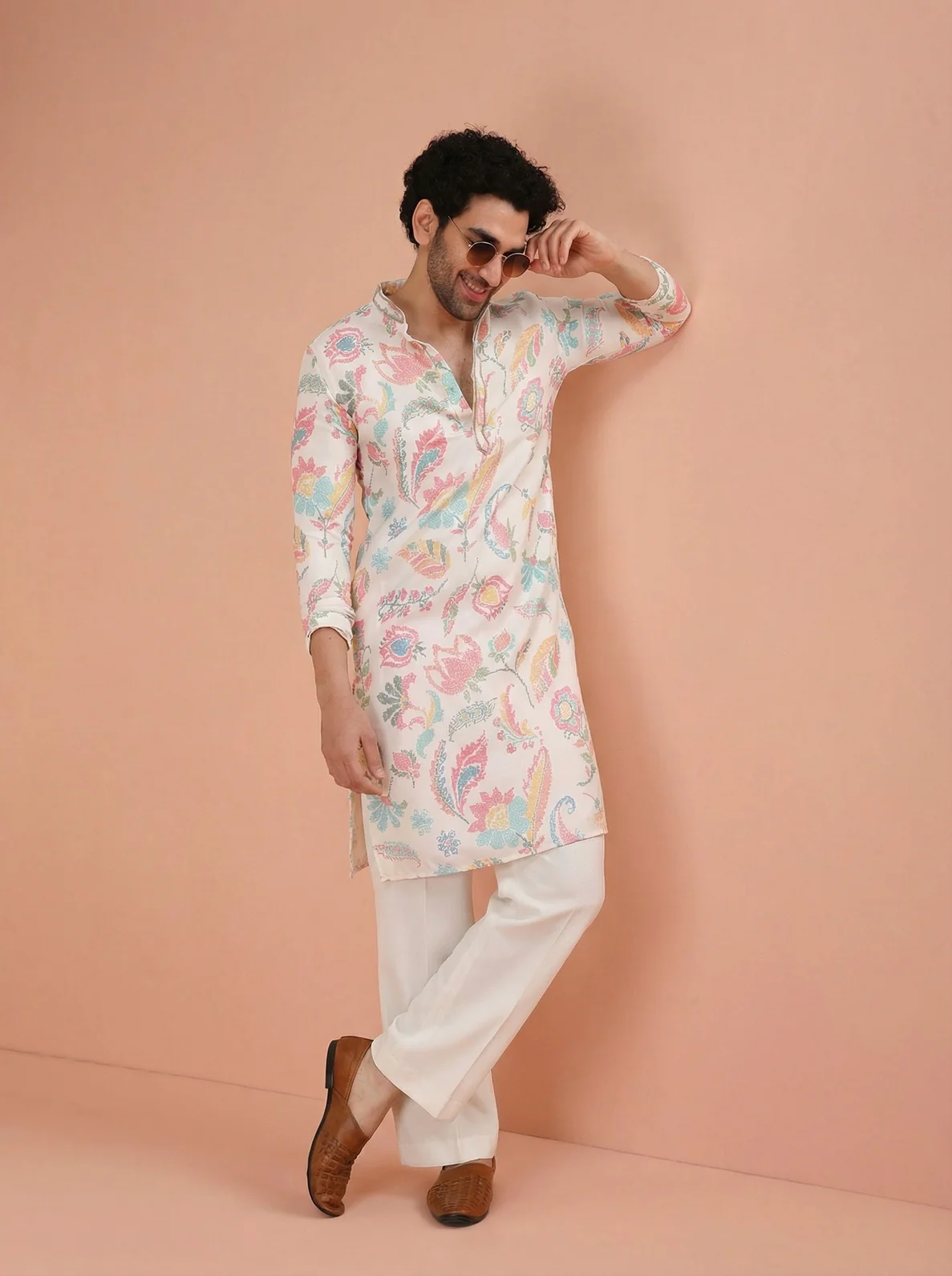 White Cotton Blend Printed Kurta Wide Leg Trouser Set