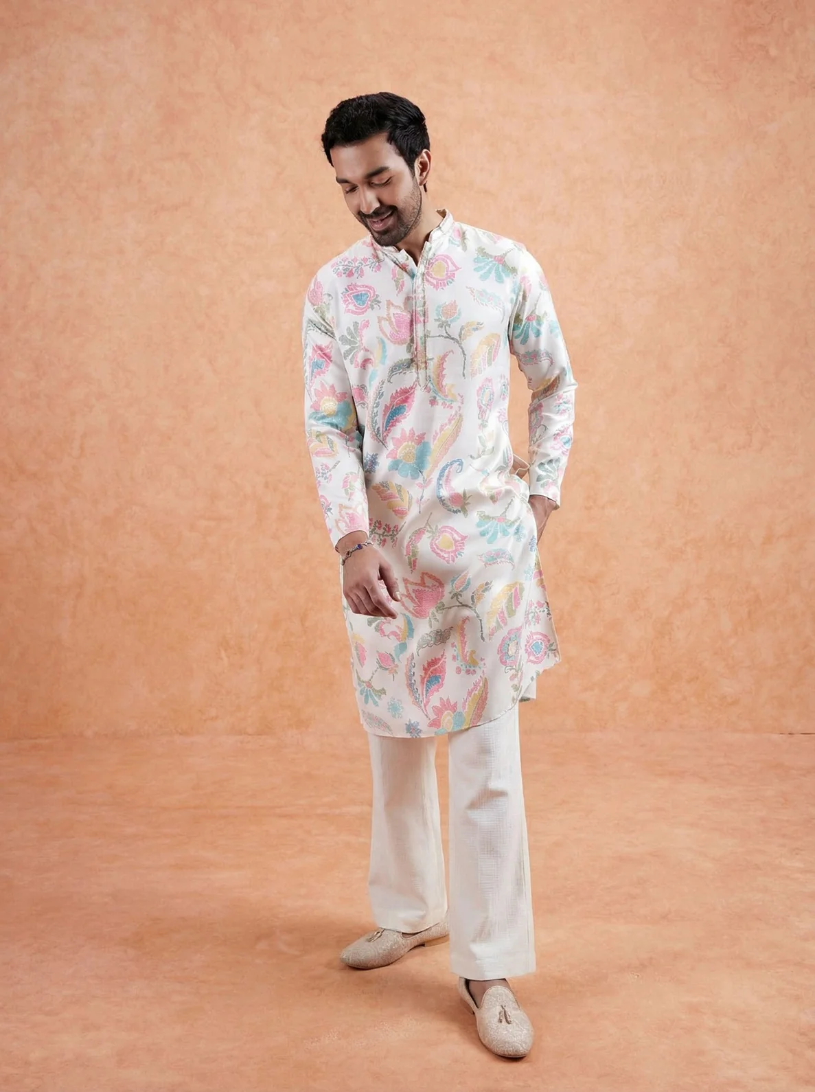 White Cotton Blend Printed Kurta Wide Leg Trouser Set