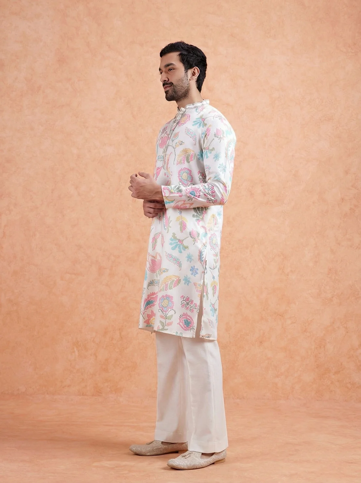White Cotton Blend Printed Kurta Wide Leg Trouser Set - Image 2