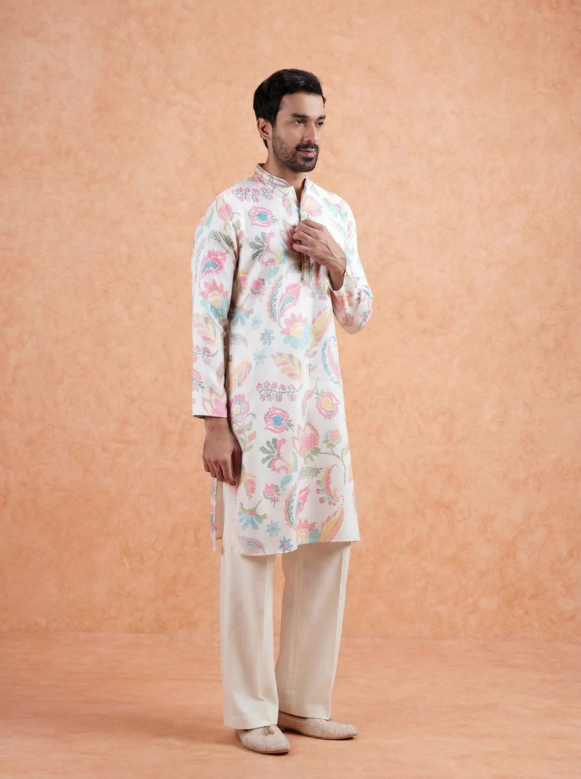 White Cotton Blend Printed Kurta Wide Leg Trouser Set - Image 6