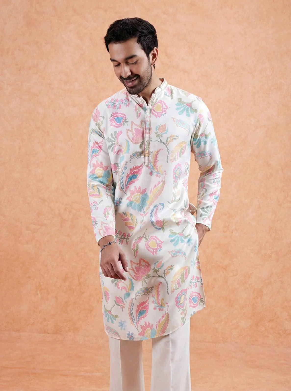 White Cotton Blend Printed Kurta Wide Leg Trouser Set - Image 7