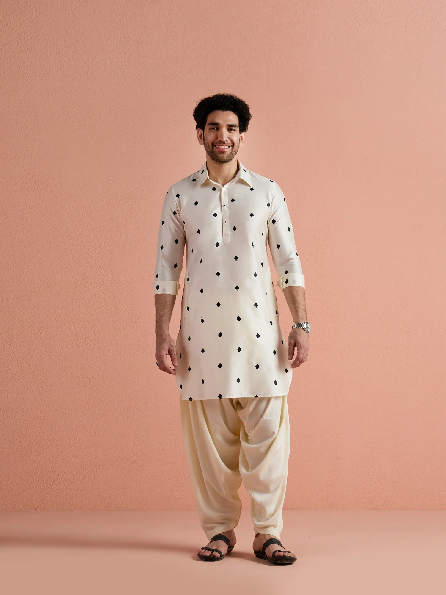 White Cotton Embroidered Pathani Kurta Patiyala Set - Image 2