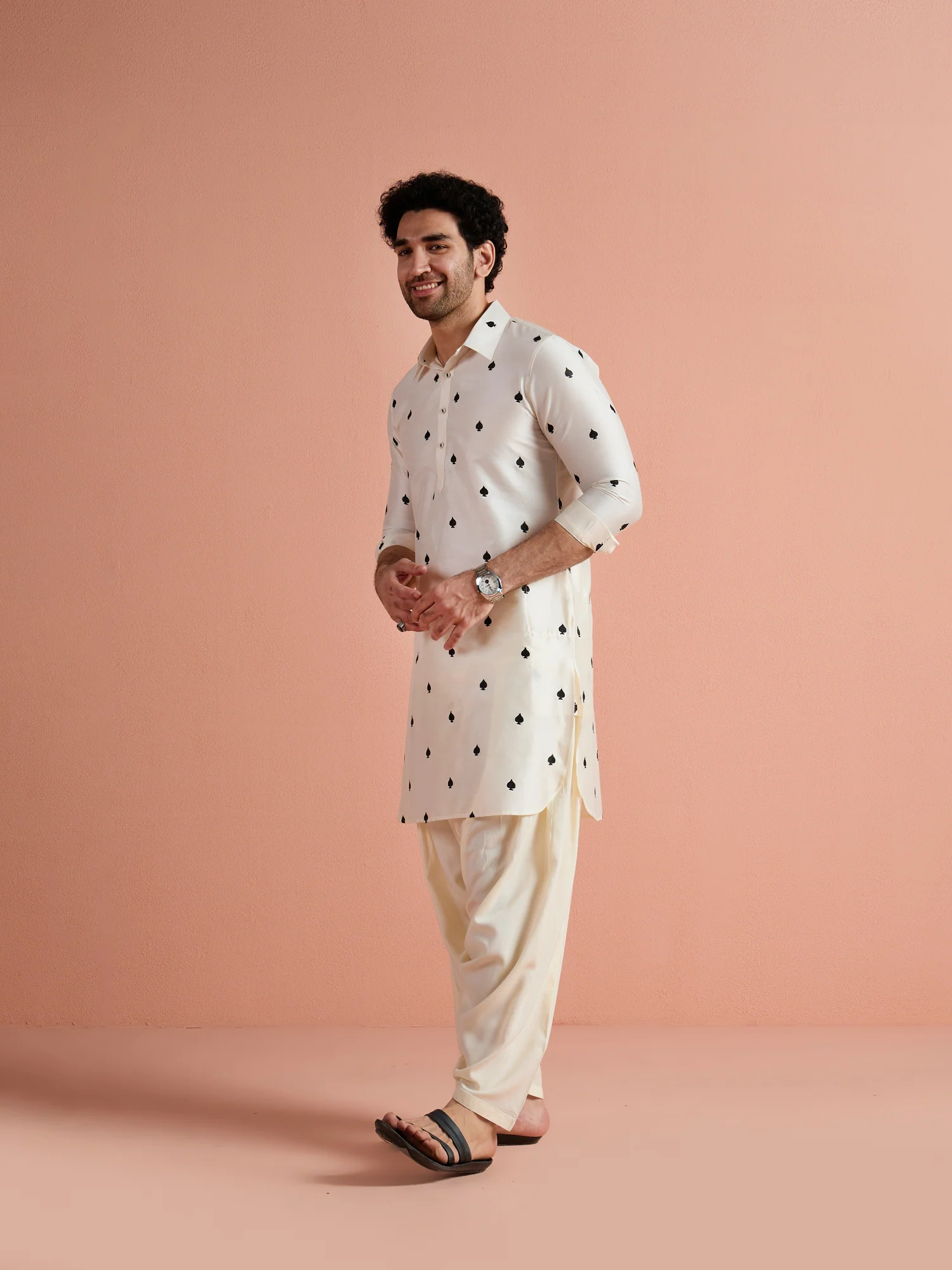 White Cotton Embroidered Pathani Kurta Patiyala Set - Image 4