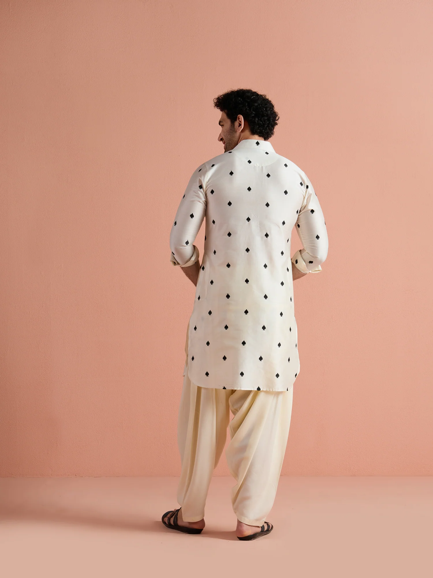 White Cotton Embroidered Pathani Kurta Patiyala Set - Image 5