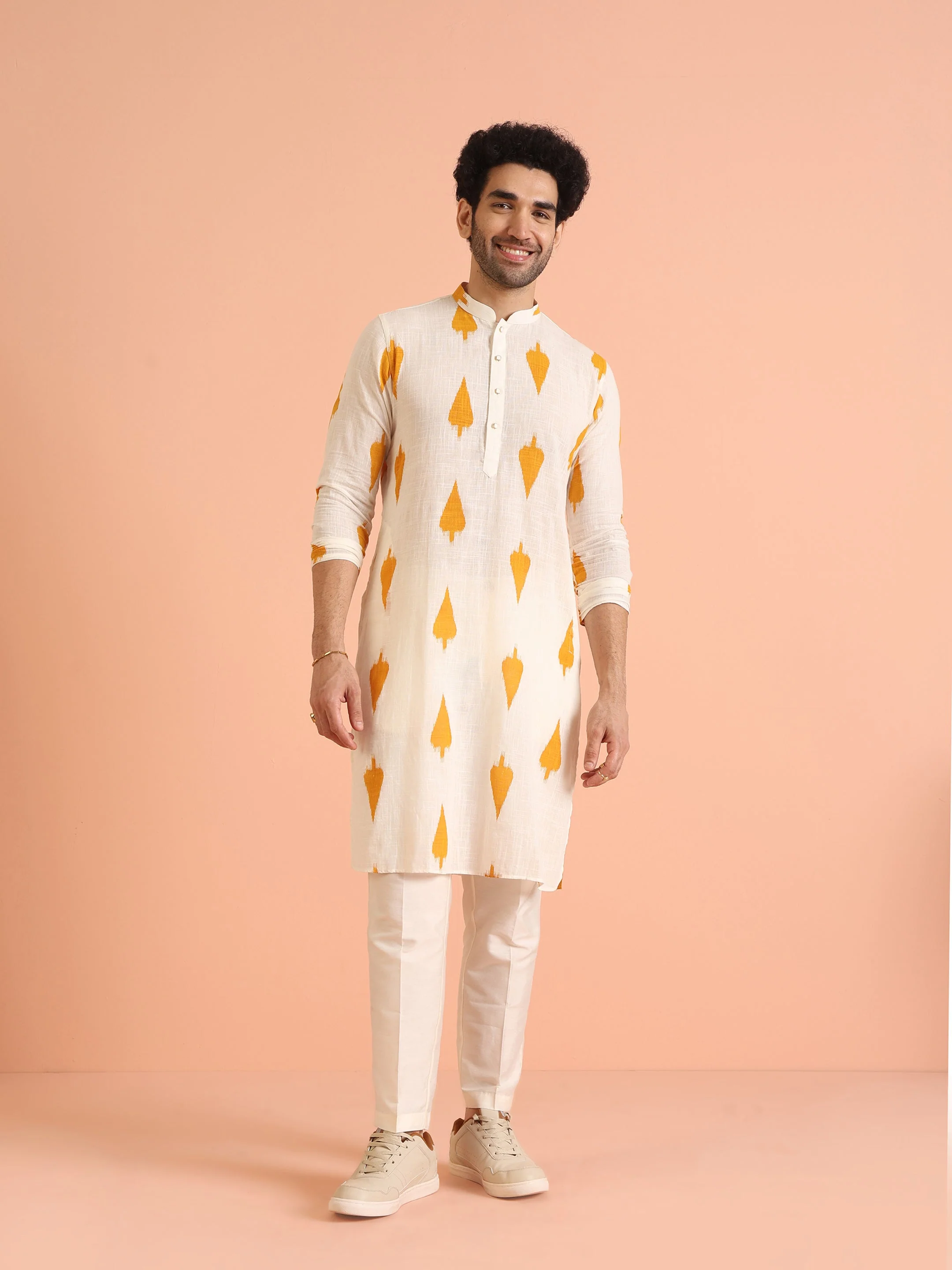 White Cotton Kurta Set with Mustard Ikat-Inspired Prints and Cream Trousers – Festive & Wedding Ensemble - Image 2