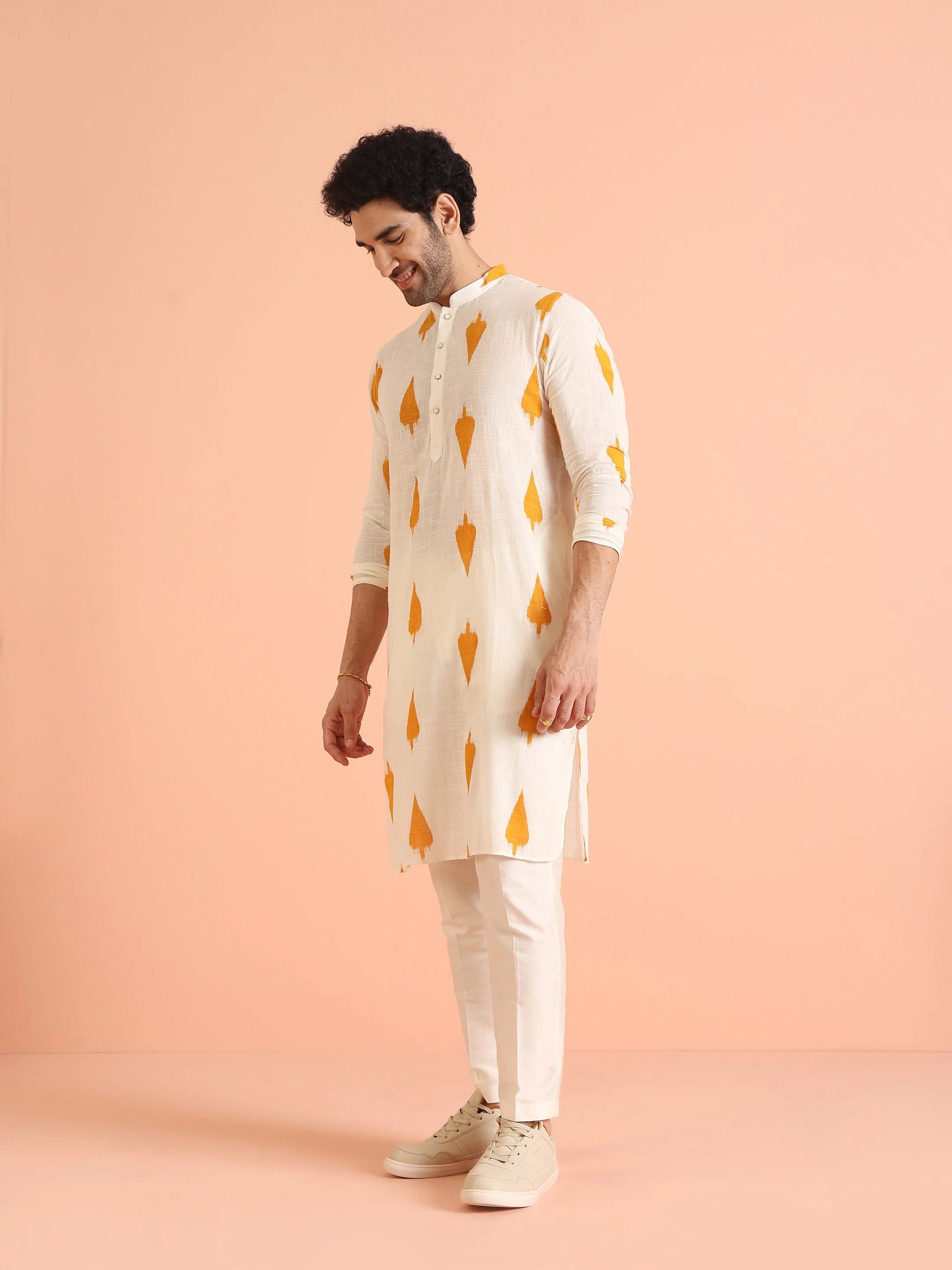 White Cotton Kurta Set with Mustard Ikat-Inspired Prints and Cream Trousers – Festive & Wedding Ensemble - Image 4
