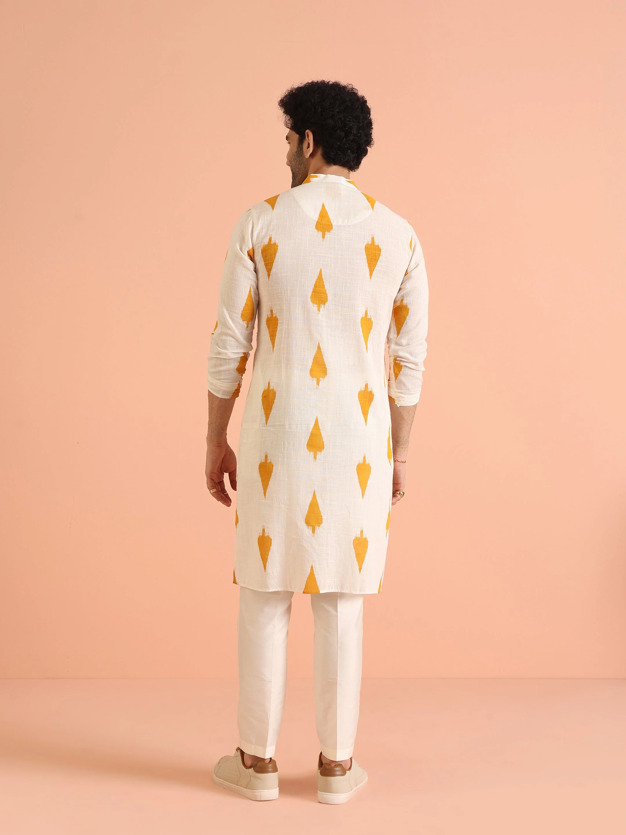 White Cotton Kurta Set with Mustard Ikat-Inspired Prints and Cream Trousers – Festive & Wedding Ensemble - Image 5