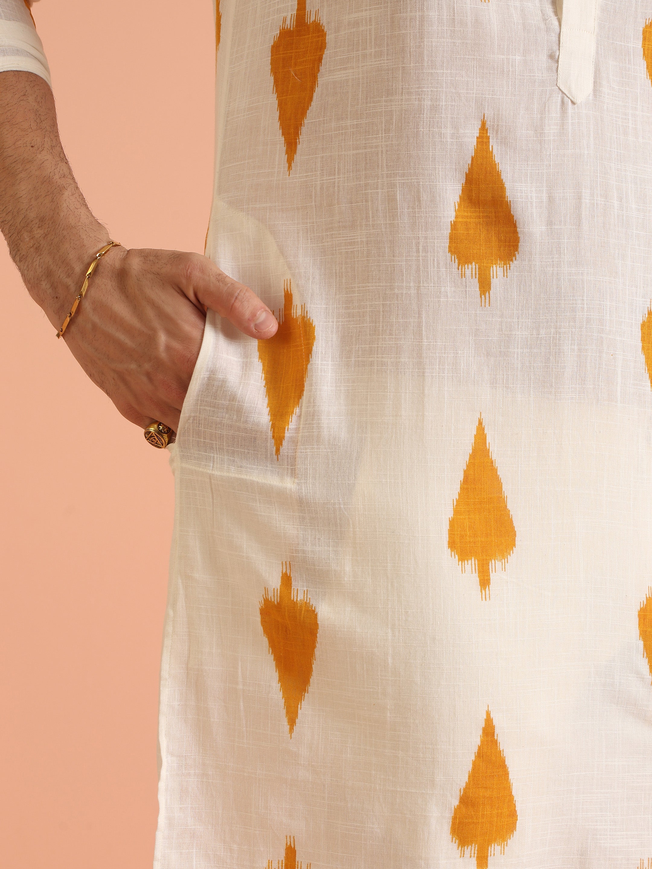 White Cotton Kurta Set with Mustard Ikat-Inspired Prints and Cream Trousers – Festive & Wedding Ensemble - Image 6